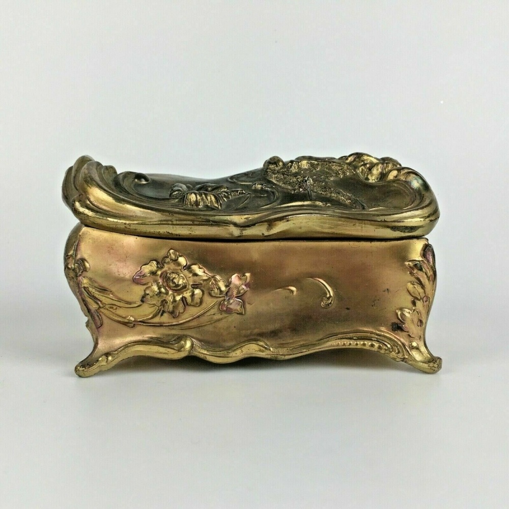 Antique Victorian Bird Flowers Jewelry Casket Box